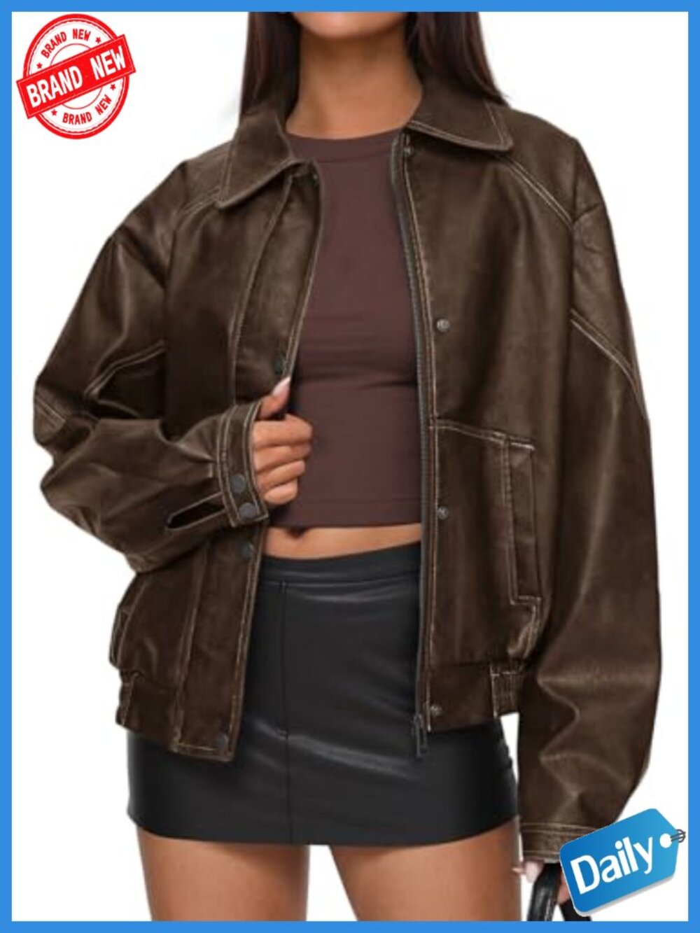 Faux Leather Oversized Moto Biker Jacket Women Winter Zip Up